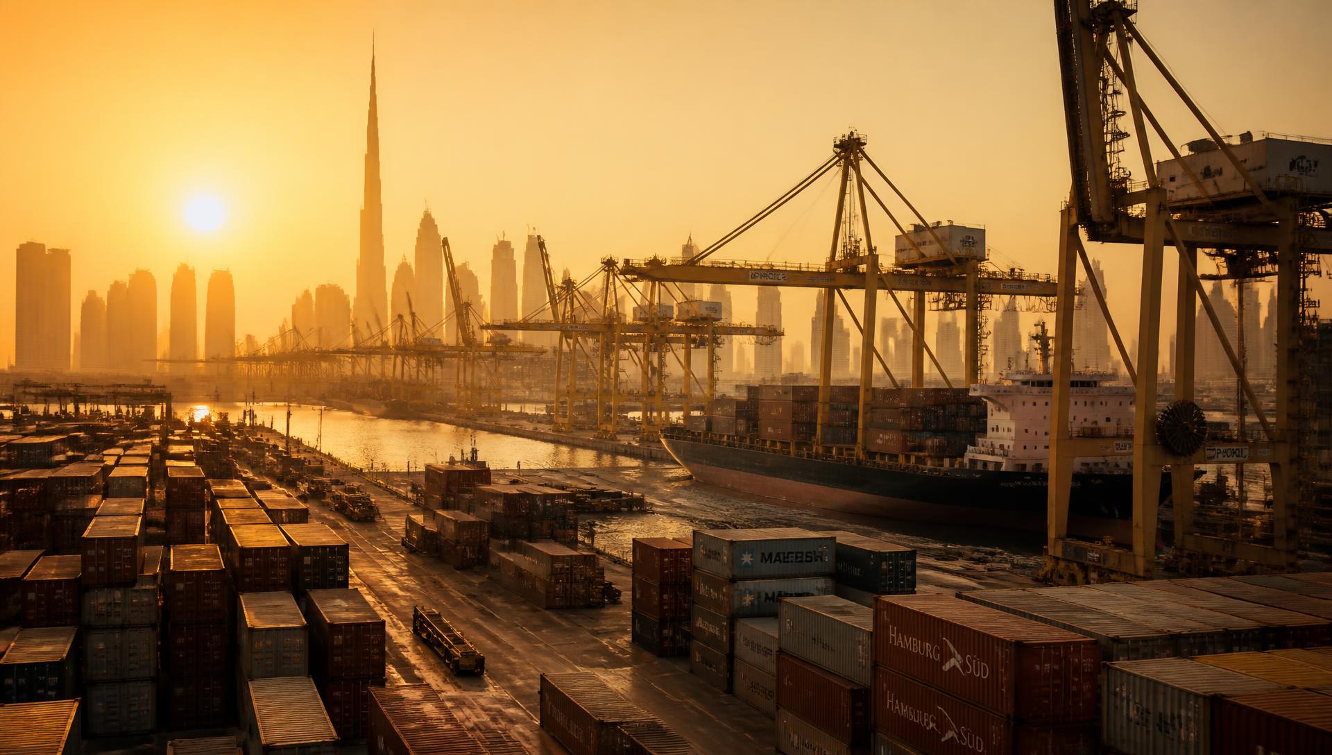 Container terminal in Dubai at golden hour with the city skyline behind